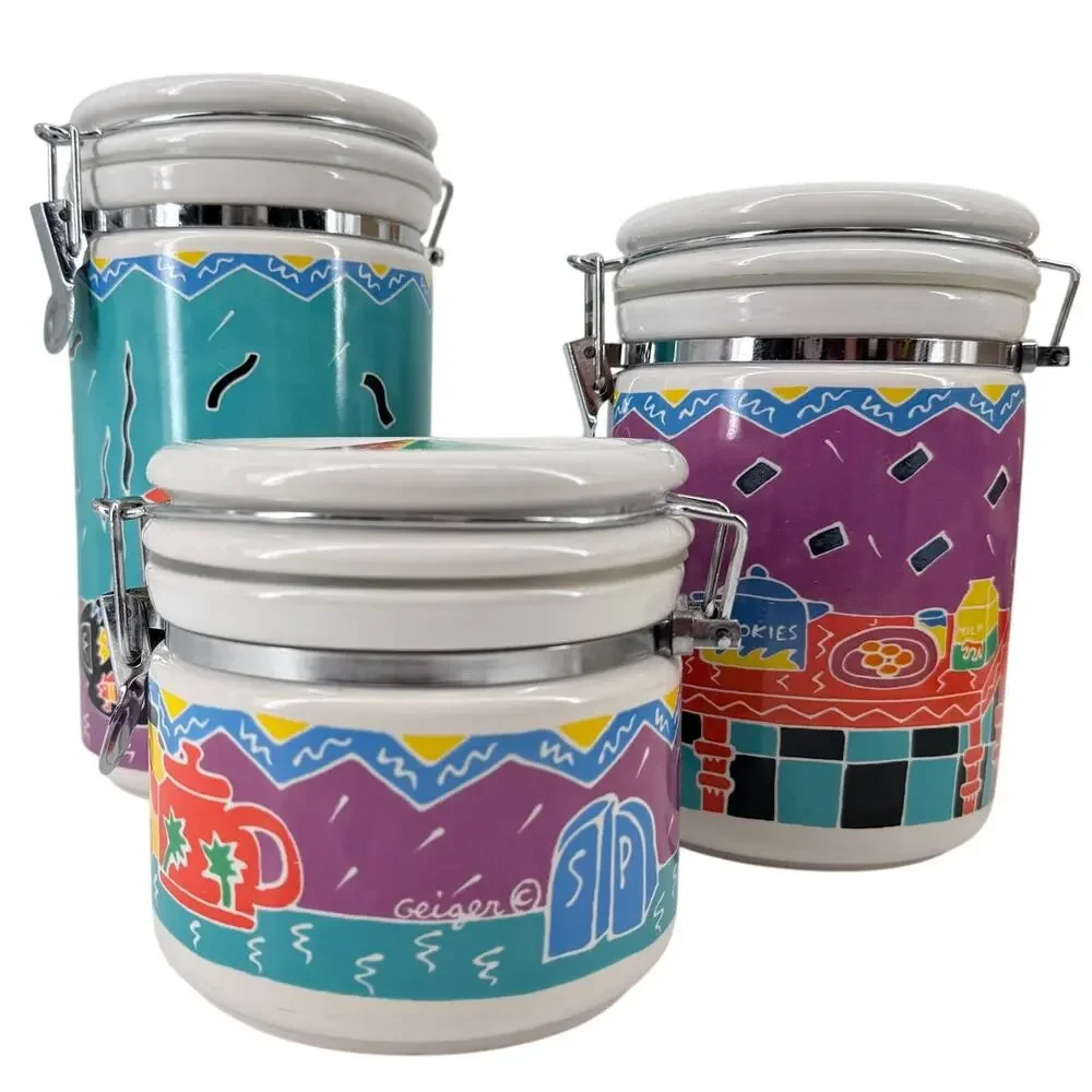 Vtg Chaleur Judith Geiger 1987 3Pc Ceramic Canister Set Postmodern Memphis Style